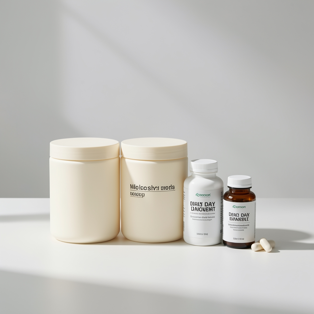 Still life arrangement of body cream jars and daily supplement bottles on a pale studio surface, soft northern light from the left, editorial composition