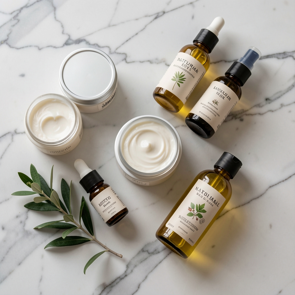 Overhead editorial arrangement of natural body care products including cream jars and plant-derived oil bottles on a marble surface, London studio 2026